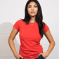 Woman wearing a Red Suna Cotton® Ladies Junior Fit T-shirt