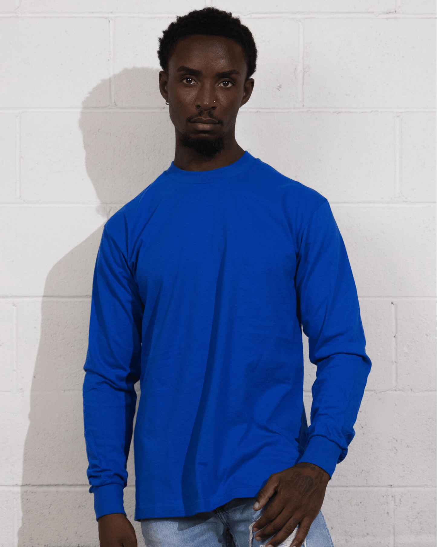 Man wearing Suna Cotton® Royal Long Sleeve T-shirt