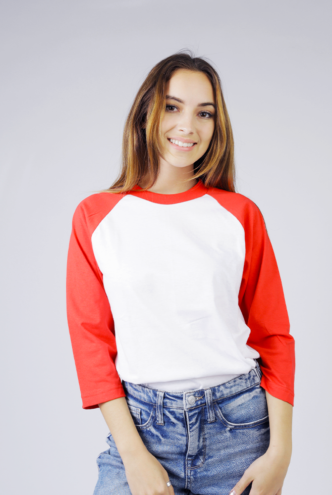 Woman wearing a Suna Cotton® Red and White Baseball Tee